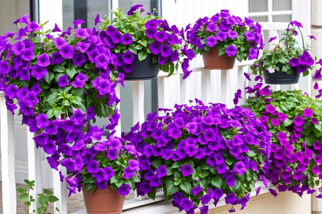 Balkon z kompozycją kwiatów jednorocznych w odcieniach fioletu Balkon z kompozycją kwiatów jednorocznych w odcieniach fioletu