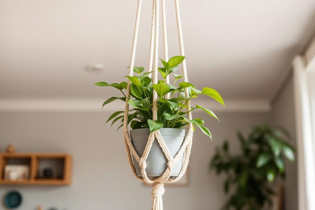 Doniczka DIY z makramy wisząca z zieloną rośliną w stylu boho Doniczka DIY z makramy wisząca z zieloną rośliną w stylu boho
