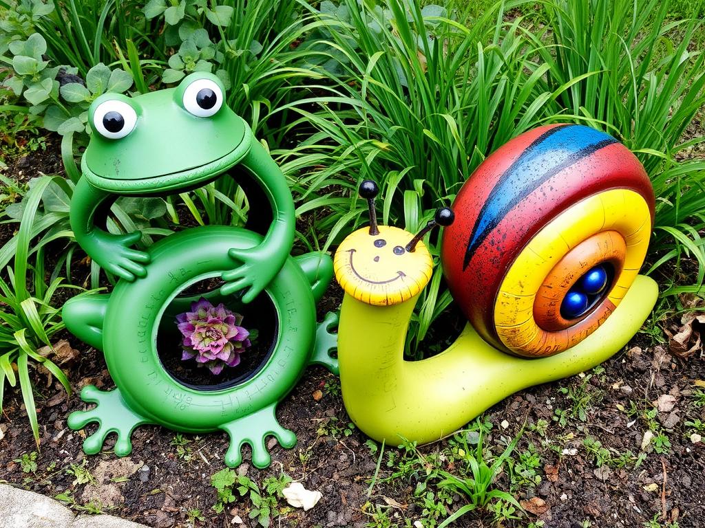 Figurki zwierząt z opon do ogrodu - żaba i ślimak Figurki zwierząt z opon do ogrodu - żaba i ślimak
