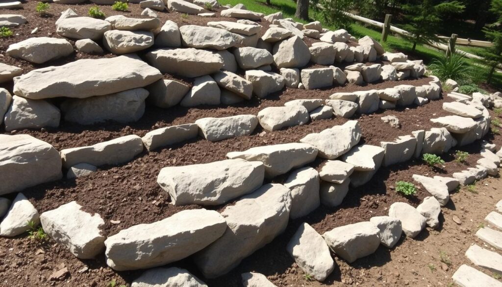 Gotowa konstrukcja alpinarium przed posadzeniem roślin - widoczna struktura z kamieni i przygotowane podłoże Gotowa konstrukcja alpinarium przed posadzeniem roślin - widoczna struktura z kamieni i przygotowane podłoże