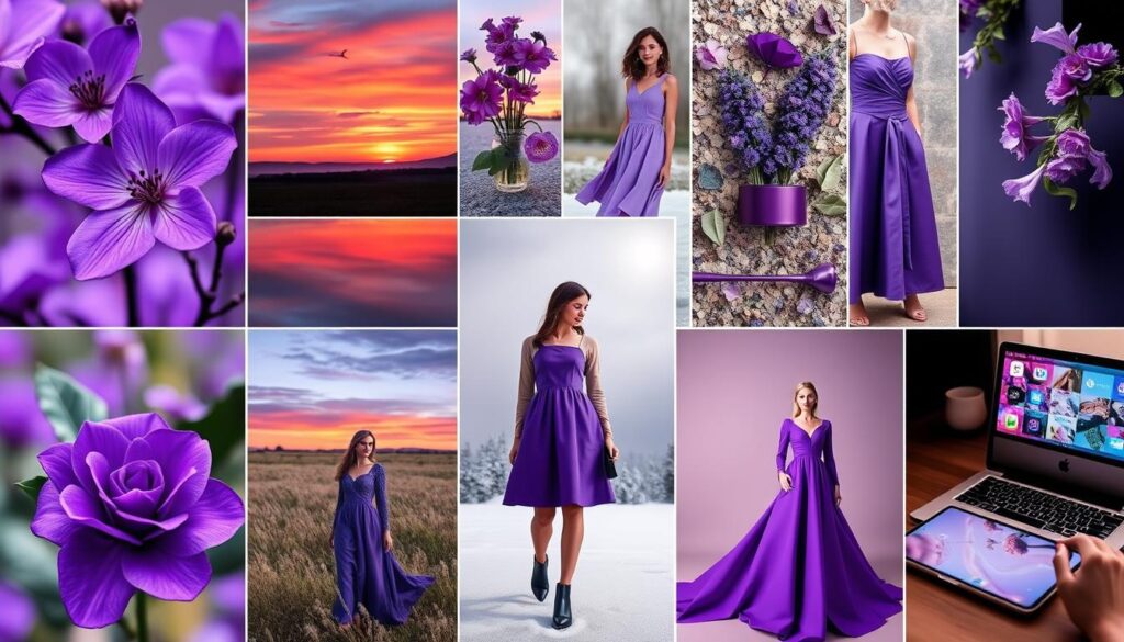 Kolaż różnych zastosowań koloru purpurowego w życiu codziennym
