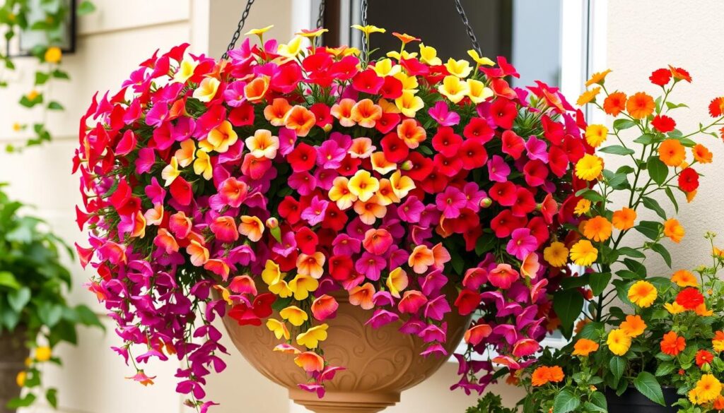 Kompozycja balkonowa z milionem dzwonków (Calibrachoa) i innymi roślinami Kompozycja balkonowa z milionem dzwonków (Calibrachoa) i innymi roślinami