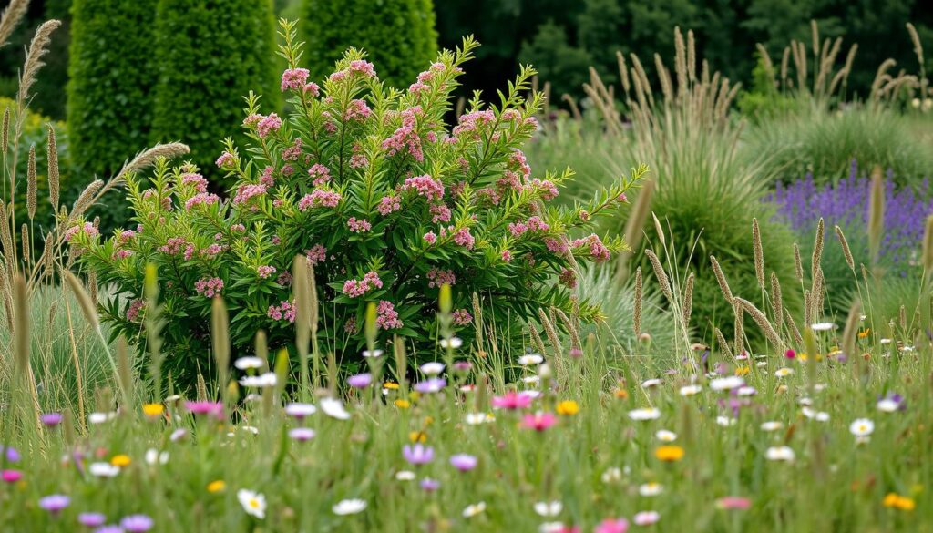 Laurowiśnia w naturalistycznym ogrodzie z łąką kwiatową na pierwszym planie Laurowiśnia w naturalistycznym ogrodzie z łąką kwiatową na pierwszym planie