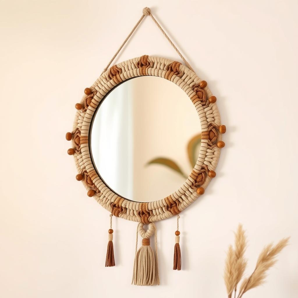 Lustro DIY w ramce ozdobionej makramą i elementami boho Lustro DIY w ramce ozdobionej makramą i elementami boho