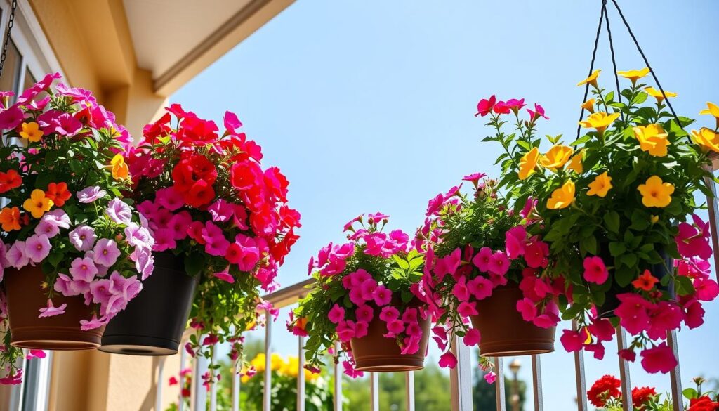 Milion dzwonków (Calibrachoa) na słonecznym balkonie w kompozycji z innymi roślinami Milion dzwonków (Calibrachoa) na słonecznym balkonie w kompozycji z innymi roślinami