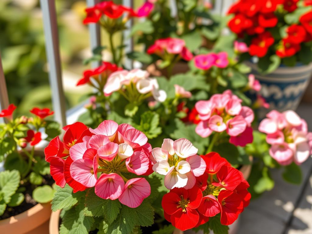 Pelargonie rabatowe w różnych kolorach kwitnące w doniczkach Pelargonie rabatowe w różnych kolorach kwitnące w doniczkach