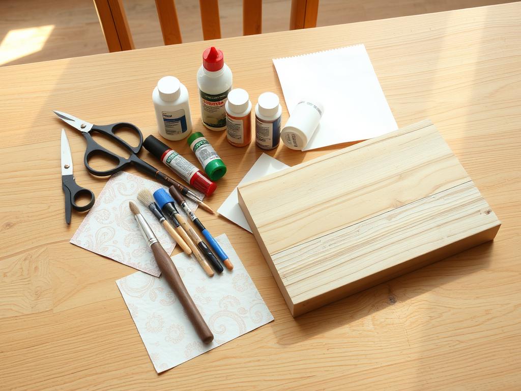 Podstawowe materiały do decoupage dla początkujących ułożone na stole Podstawowe materiały do decoupage dla początkujących ułożone na stole