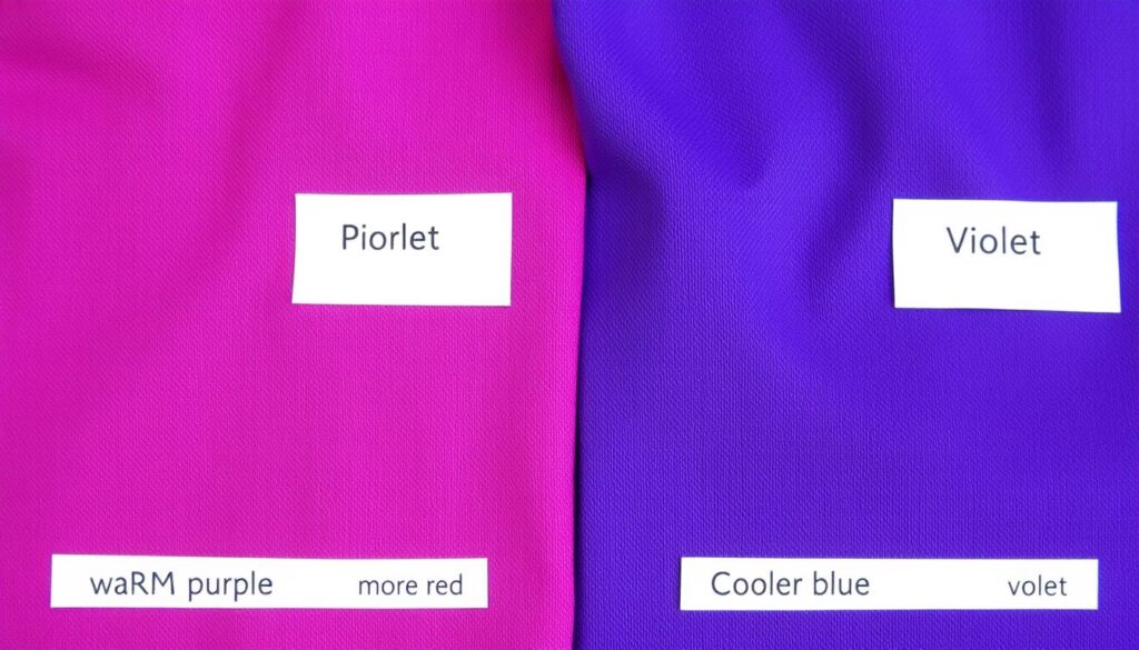 Porównanie koloru purpurowego z fioletem na próbkach tkanin