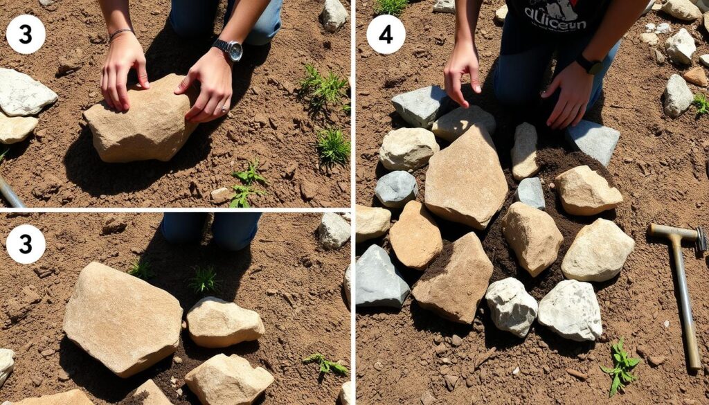 Proces budowy alpinarium w ogrodzie - układanie kamieni i tworzenie struktury skalniaka Proces budowy alpinarium w ogrodzie - układanie kamieni i tworzenie struktury skalniaka