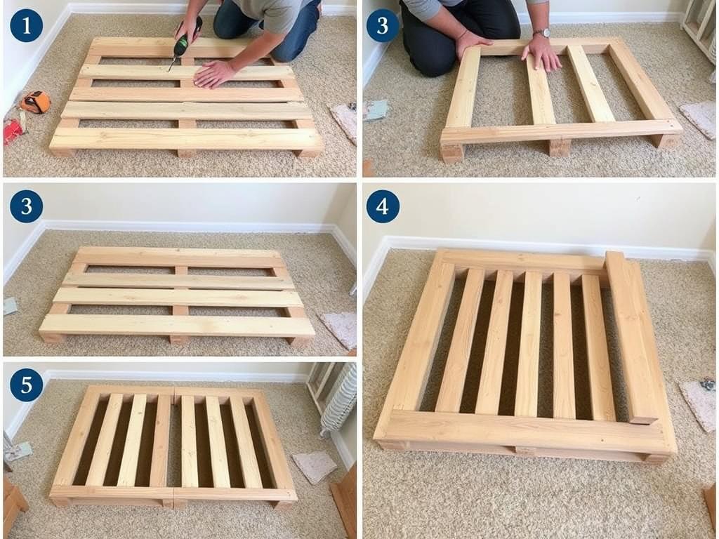 Proces montażu łóżka DIY z palet - łączenie elementów