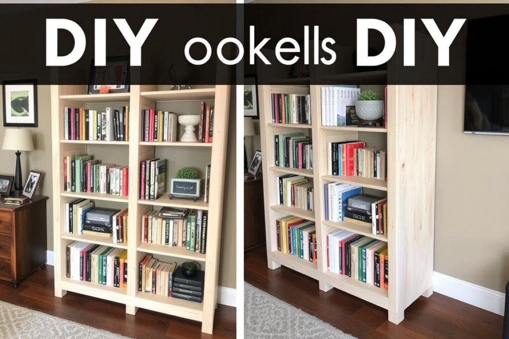 Regał na książki DIY z książkami i dekoracjami w salonie
