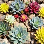 Rojniki aranżacje w ogrodzie skalnym z różnymi odmianami tworzącymi kolorową mozaikę