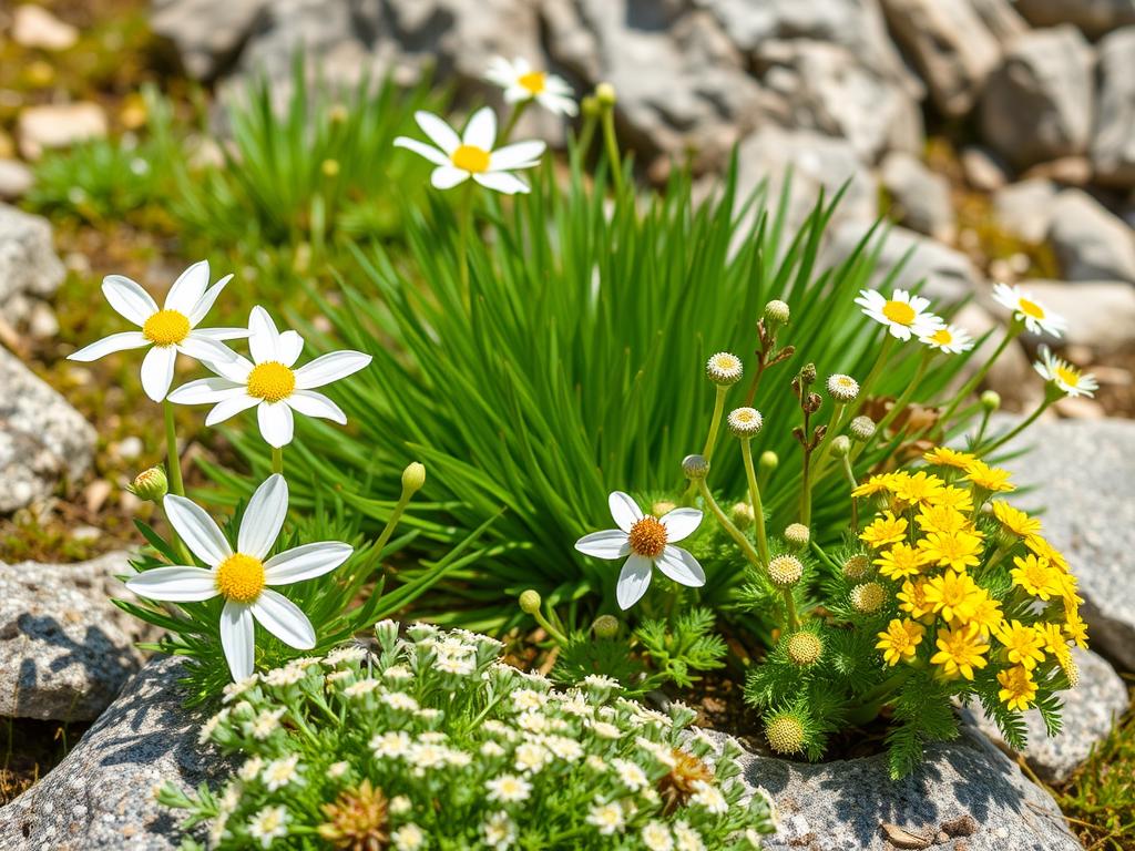 Rośliny alpejskie na stanowiska słoneczne - szarotka alpejska, rozchodnik i smagliczka skalna Rośliny alpejskie na stanowiska słoneczne - szarotka alpejska, rozchodnik i smagliczka skalna