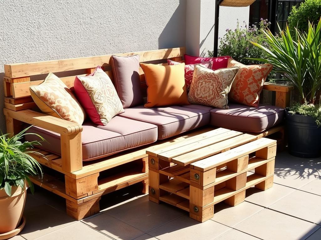 Sofa ogrodowa DIY wykonana z palet z kolorowymi poduszkami Sofa ogrodowa DIY wykonana z palet z kolorowymi poduszkami