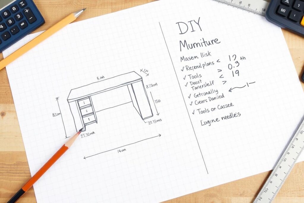 Szkic projektu mebla DIY z wymiarami i listą materiałów