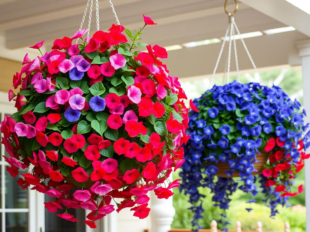 Wiszące kosze z pelargoniami i lobeliami Wiszące kosze z pelargoniami i lobeliami