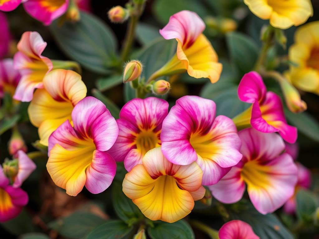 Zbliżenie na kwiaty miliona dzwonków (Calibrachoa) ukazujące różnorodność kolorów Zbliżenie na kwiaty miliona dzwonków (Calibrachoa) ukazujące różnorodność kolorów