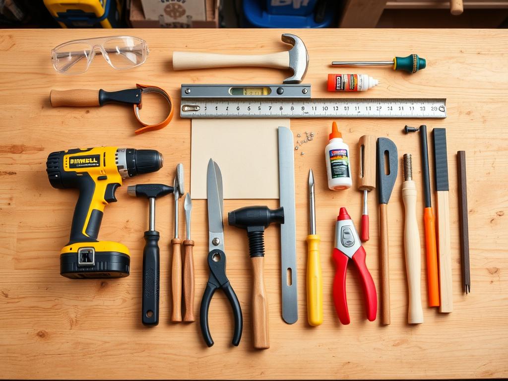 Zestaw podstawowych narzędzi do tworzenia mebli DIY - wkrętarka, młotek, miarka, poziomnica