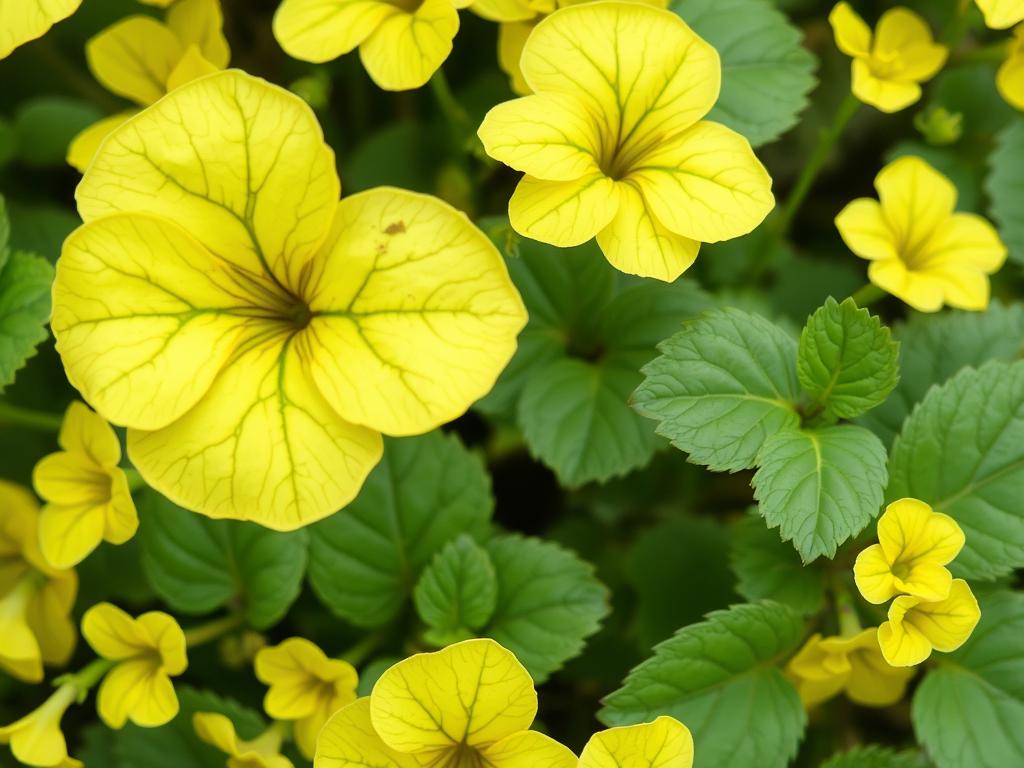 Żółknięcie liści miliona dzwonków (Calibrachoa) spowodowane chlorozą Żółknięcie liści miliona dzwonków (Calibrachoa) spowodowane chlorozą