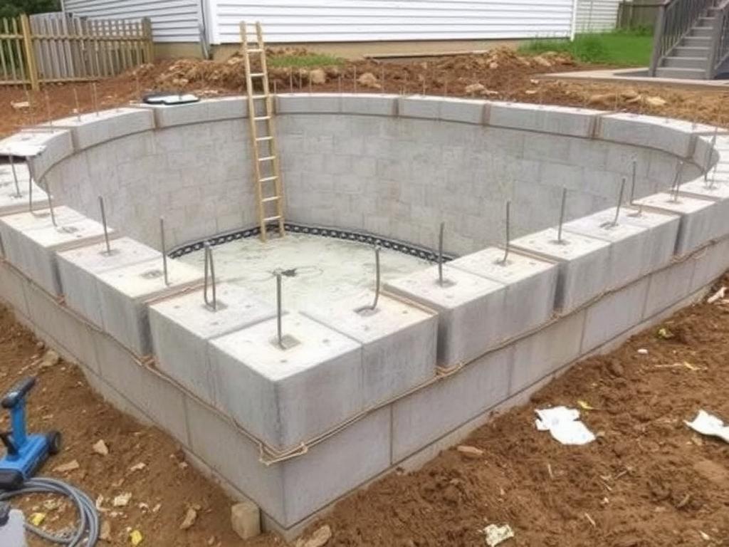 Budowa ścian basenu w ogrodzie zrób to sam z bloków betonowych z widocznym zbrojeniem Budowa ścian basenu w ogrodzie zrób to sam z bloków betonowych z widocznym zbrojeniem