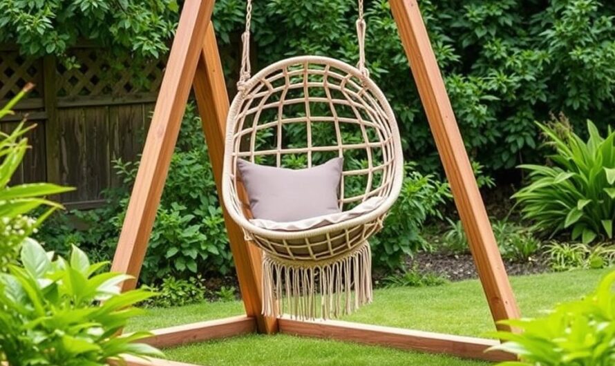 Fotel wiszący na stojaku w ogrodzie, zapewniający miejsce do relaksu