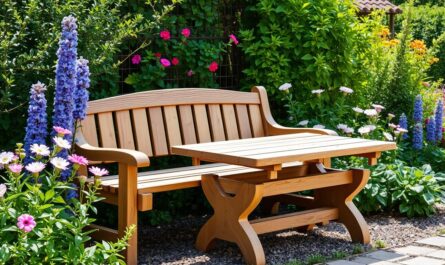 Gotowa ławka z desek i stół ogrodowy w ogrodzie