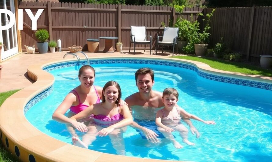 Gotowy basen w ogrodzie zrób to sam z rodziną korzystającą z niego w słoneczny dzień