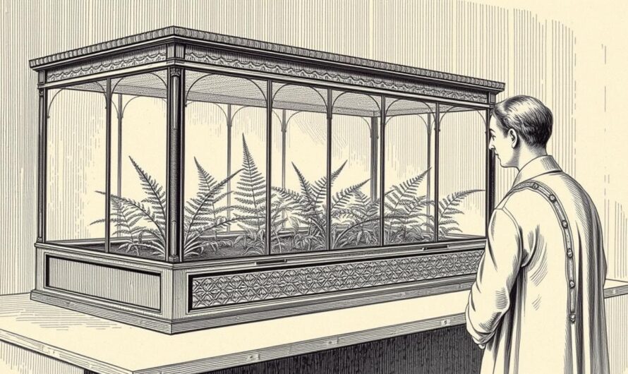 Historyczne terrarium Wardian case z XIX wieku, pokazujące jak zrobić ogródek w słoiku w dawnych czasach