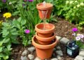 Mała fontanna z doniczki w ogrodzie otoczona roślinami