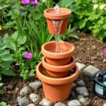 Mała fontanna z doniczki w ogrodzie otoczona roślinami