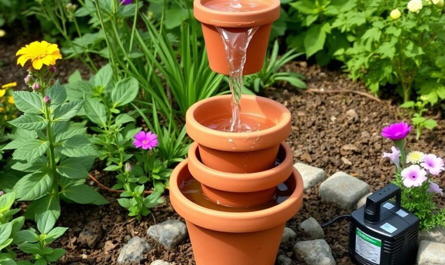 Mała fontanna z doniczki w ogrodzie otoczona roślinami