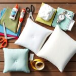 Materiały do wykonania poduszek ogrodowych bez szycia, w tym tkaniny, nożyczki, klej do tkanin i wypełnienie