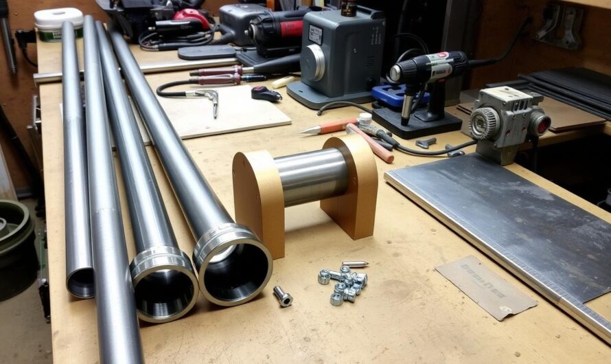 Materiały i narzędzia potrzebne do budowy śrutownika do zboża rozłożone na stole warsztatowym