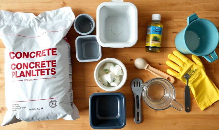 Materiały potrzebne do zrobienia donicy z betonu: worek z betonem, formy, olej, narzędzia