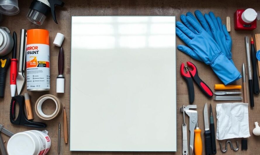 Materiały potrzebne do zrobienia lustra z szyby, w tym szyba, farba lustrzana i narzędzia