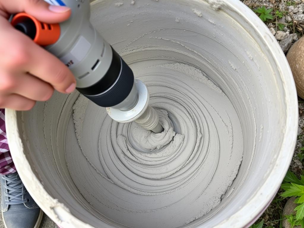 Mieszanie betonu do zrobienia donicy z betonu za pomocą mieszadła Mieszanie betonu do zrobienia donicy z betonu za pomocą mieszadła