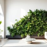 Ogród wertykalny w nowoczesnym salonie z różnorodnymi roślinami tworzącymi zieloną ścianę