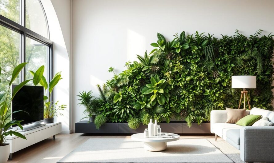 Ogród wertykalny w nowoczesnym salonie z różnorodnymi roślinami tworzącymi zieloną ścianę