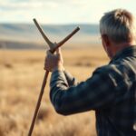 Osoba używająca różdżki do szukania wody na otwartej przestrzeni