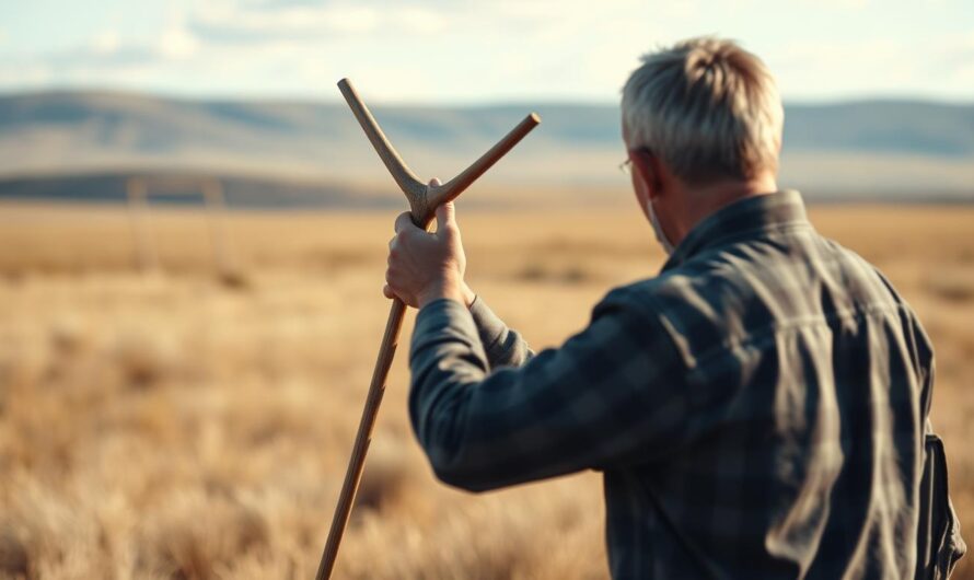 Osoba używająca różdżki do szukania wody na otwartej przestrzeni