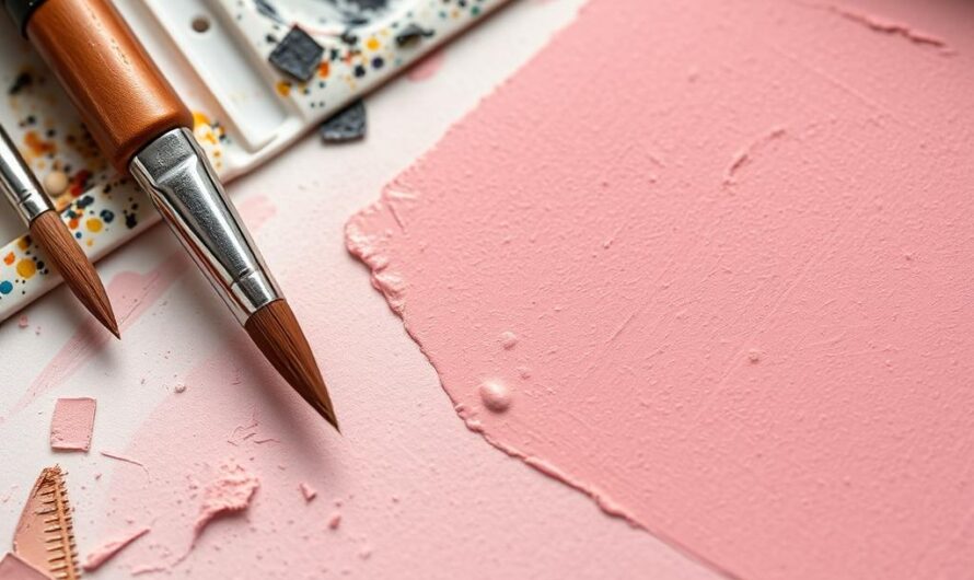 Próbka koloru brudny róż na palecie malarskiej obok pędzli