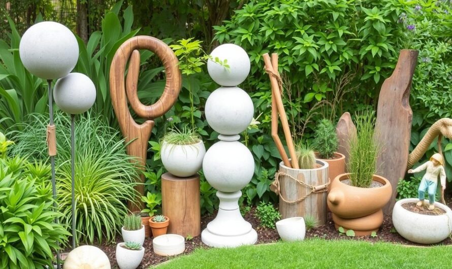 Różnorodne ozdoby do ogrodu DIY z betonu, drewna i materiałów z recyklingu