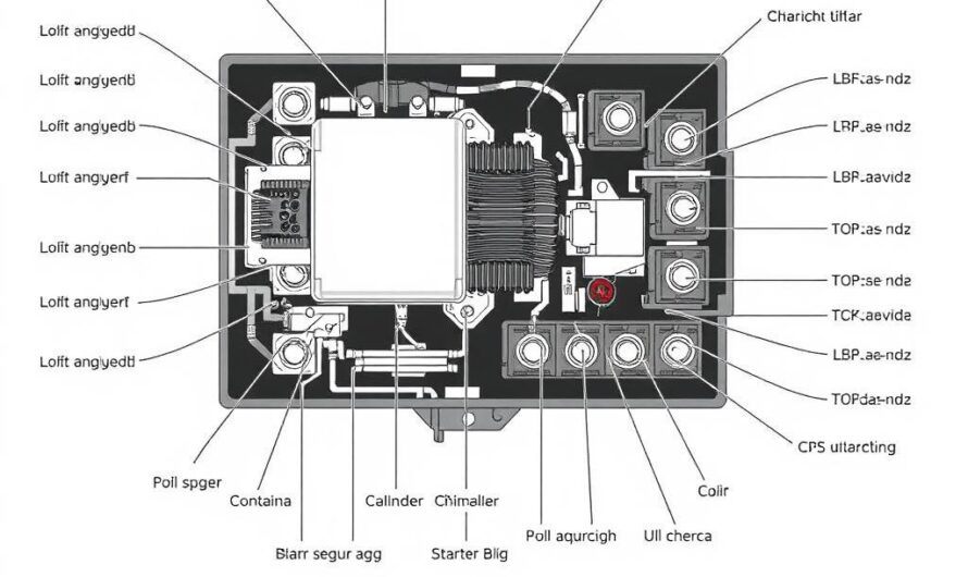 Schemat budowy przekaźnika rozrusznika z oznaczonymi elementami