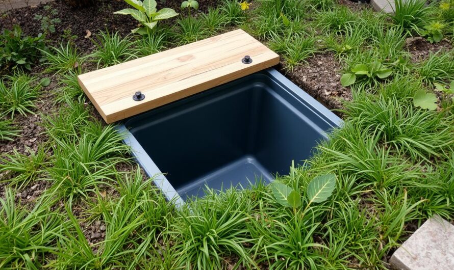 Schowek na piwo w ziemi z widoczną pokrywą w ogrodzie