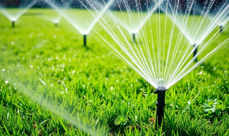 System nawadniania ogrodu z zraszaczami na zielonym trawniku